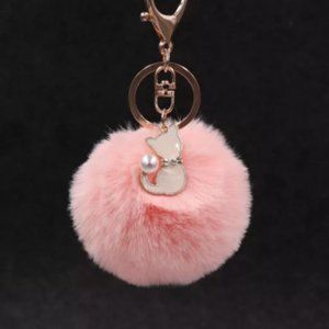 TT-Rabbit Faux Fur Pom Pom Ball Key Chain/Purse Accessory with Cat -Pastel Pink